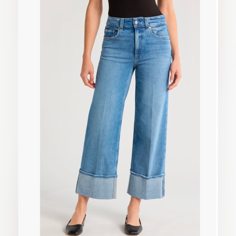 Paige Sasha Ankle Wide Leg Medium Wash Cuffed Distressed Stretch Jeans Sz 25